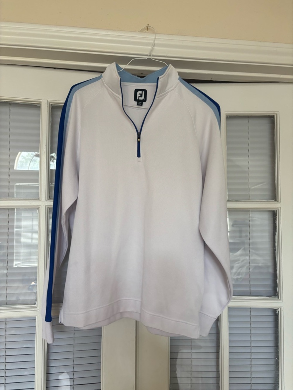FootJoy White Quarter-Zip Pullover with Blue Shoulder Stripes